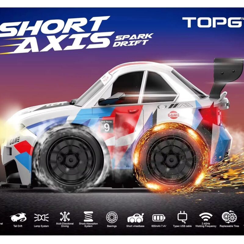 High-Speed RC Drift Car with Spark Effect | Short Axis 2.4GHz Remote Control Racing Toy with LED Lights & Replaceable Drift Tyres for Kids & Adults